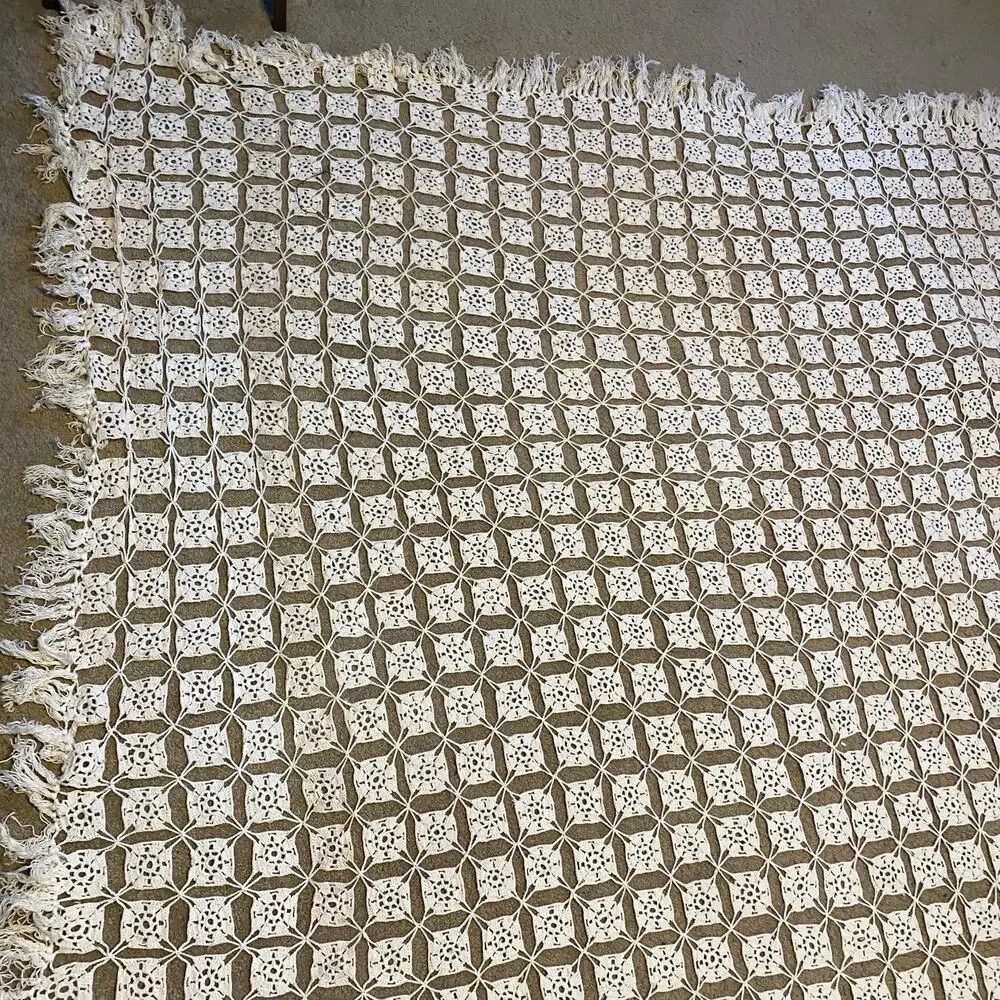 Vtg Handmade 77x112” Crocheted Table Cloth Tan Beige Crochet Bed Coverlet